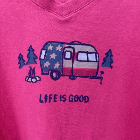 Life is Good Pink Camping V Neck Long Sleeve Crusher Tee Size XXXL 3X - Picture 3 of 9